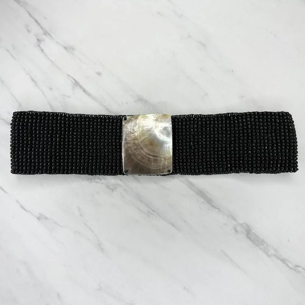 Abalone Shell Black Beaded Stretch Cinch Belt Womens OS ✨